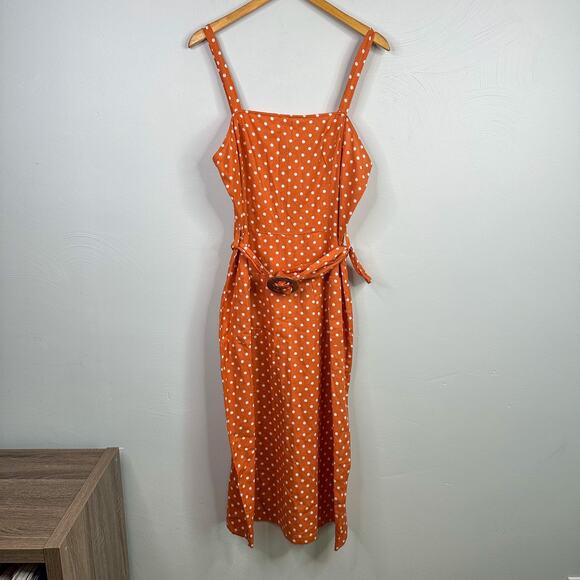 ASOS Orange & White Polka Dot Belted Midi Cotton Sheath Dress - Picture 2 of 10